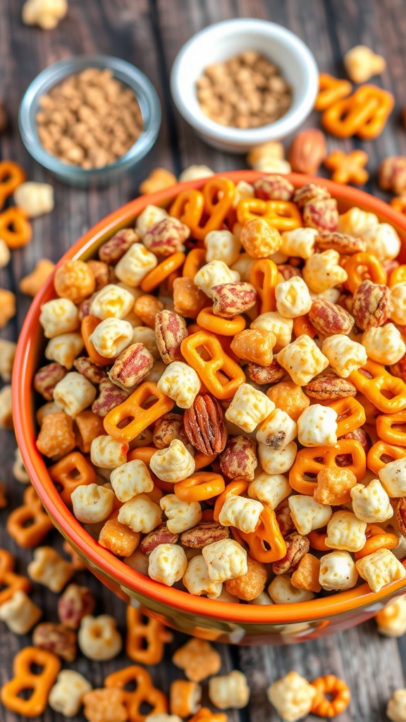 A colorful snack mix with pretzels, nuts, and cereal in a bowl on a rustic wooden table.